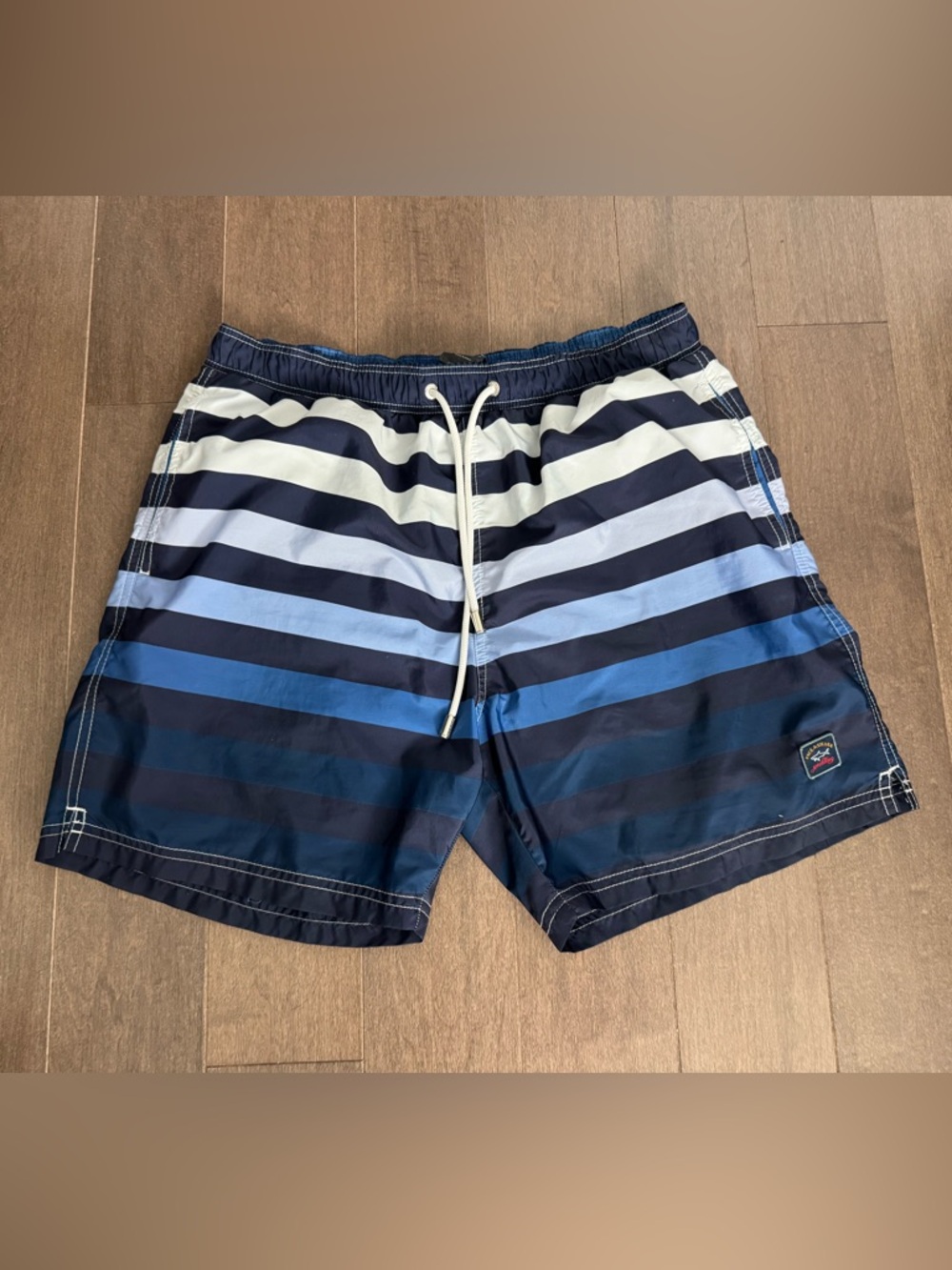 Paul & Shark Navy, Light Blue and White Striped Swim Trunks